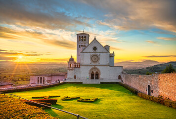 Assisi, San Francesco Basilica church at sunset. Umbria, Italy.
