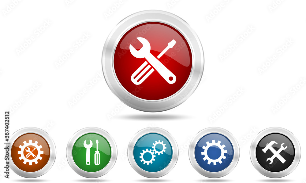Poster Tools and services vector icons, set of technology concept silver metallic glossy web buttons