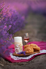 Picnic time with wine in lavender field, France.