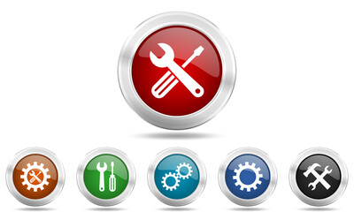 Fototapeta premium Tools and services vector icons, set of technology concept silver metallic glossy web buttons