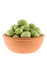 Green olives with leaves set isolated on white background as package design element