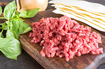 raw ingredients for meat lasagna.