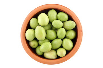 Green olives with leaves set isolated on white background as package design element