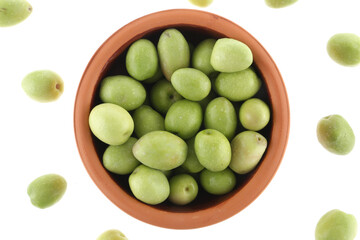 Green olives with leaves set isolated on white background as package design element