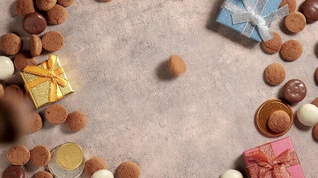 Rotation of kruidnoten, traditional sweets, strooigoed. Background for Dutch holiday Sinterklaas. St. Nicholas day concept. FullHD video, copy space, top view