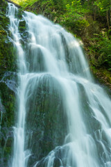 Détail d'une cascade de rivière dévalant sur des rochers foncés avec de la mousse en pose longue par une journée ensoleillée en suisse
