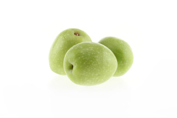 Green olives with leaves set isolated on white background as package design element