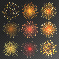 Festive fireworks collection. Realistic colorful firework on transparent background. Christmas or New Year greeting card element. Vector illustration.