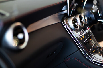 Air conditioning system and dashboard. Close up and interior details of modern luxury sport cars.