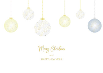 Greeting illustration of ornament ball with gold and silver leaf pattern.