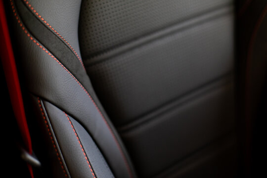 Close Up And Interior Details Of Modern Luxury Sport Cars. Comfortable Leather Cockpit Seats Inside Luxury Car.