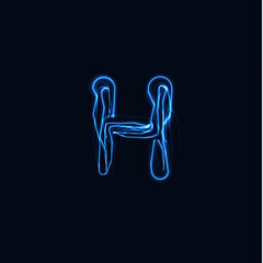 Lightning Realistic letter H, bright gloving logo, electric energy glow style symbol, blue tesla plasma type sign. Thunderbolt vector illustration, typography design