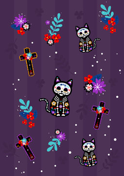 Day of the death Dia de los muertos cat with sugar skull mask head and cross colorful flower pattern