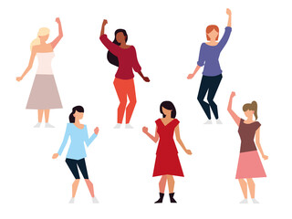 women rights feminist female group raised hands power