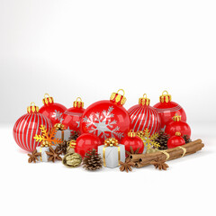 3d rendering of red christmas baubles with over white background