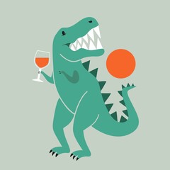 Vector illustration with tyrannosaurus dinosaur holding glass of red wine. Party flyer template design, bar wall decoration poster, wine lover apparel print
