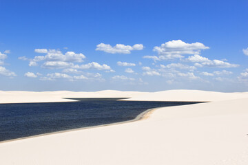 A blue lagoon in the middle of the sand dunes, in Lençóis Maranhenses National Park, Brazil.