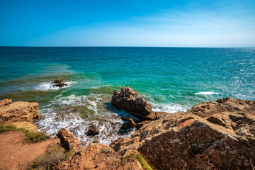 Fototapeta na wymiar Seascape with rocks and waves from above, Crimea
