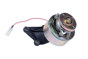 new motor fan drive isolated on white background. Car spare parts. Engine cooling system