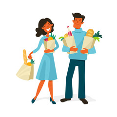 Couple of cheerful man and woman with grocery shopping paper bags. Cartoon vector illustration isolated on white background.