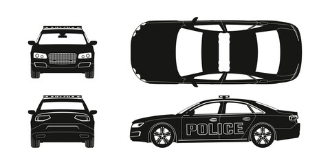 Black silhouette of police car. Front, side, back and side views. Patrol automobile drawing. Isolated blueprint. City guard © shaineast