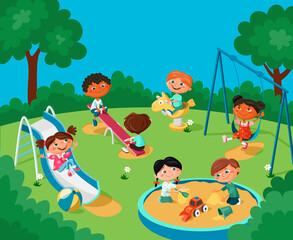 Cheerful children are having fun on the playground. Boys and girls riding on swings, going down the slide, playing in the sandbox. Cartoon vector illustration