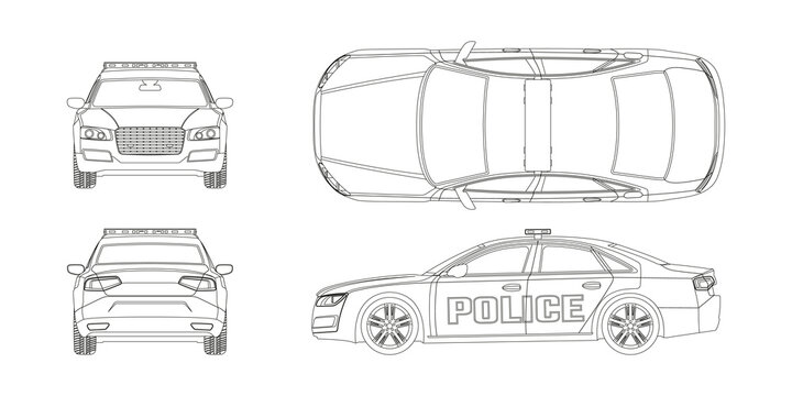 Outline police car blueprint. Front, side, back and side views. Patrol automobile drawing. Isolated image. City guard