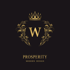 Beautiful gold monogram with crown. Letter W. Elegant logo. Calligraphic design. Luxury emblem. Vintage ornament. Graphics style. Flourishes boutique brand. Creative Royal mark. Vector illustration