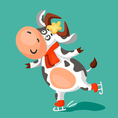 A cute funny black and white spotted cow in a scarf is skating. Cartoon vector illustration