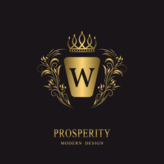 Beautiful gold monogram with crown. Letter W. Elegant logo. Calligraphic design. Luxury emblem. Vintage ornament. Graphics style. Flourishes boutique brand. Creative Royal mark. Vector illustration
