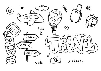 Travel and vacation hand drawn icons. Summer tourism doodles. Outline vector illustration.