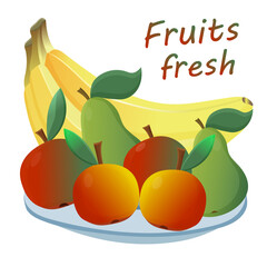 Vector pattern ripe fresh fruits. On a plate of red and green apples with pears and bananas. Healthy diet, vegan food