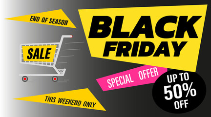 Black Friday Special Sale Offer,banner vector illustration.Shopping trolley and sale sign.Dark text and background.Graphics element for banner, poster.Eps file. 