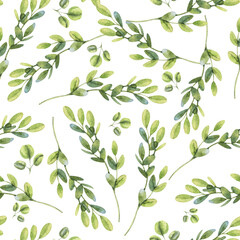 watercolor seamless floral pattern with green leaves and branches