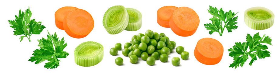 Set of  parsley, green peas, leek and carrot slices isolated on white background