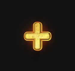 aged gold brassy font with orange outline and backlight - plus isolated on black, 3D illustration of symbols