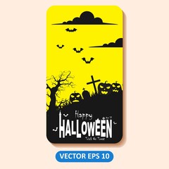Halloween illustration yellow and  dark vector background, horror, lantern, pumpkin, tree, bat, etc. Good for web backgrounds, cards, posters, greeting cards, etc.