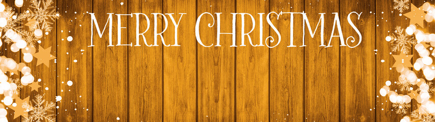 Merry Christmas background banner Panorama, card template -Stars, bokeh lights, ice crystals and snowy snowflakes, isolated on brown wooden bards wall texture wood, with copy space