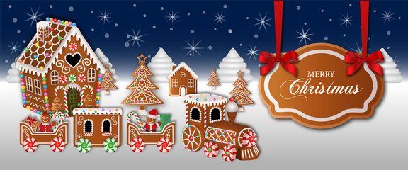 merry christmas banner with gingerbread house and trees