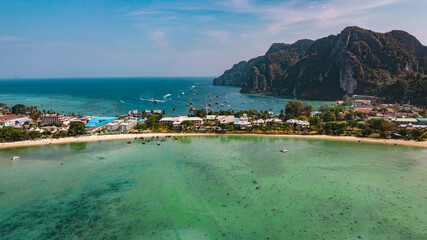 Aerial view of beautiful beaches in Phi Phi Island, Thailand. 