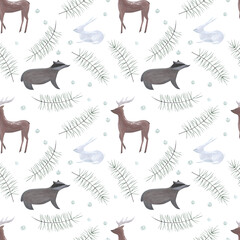Hand-drawn seamless pattern. Animals from winter forest