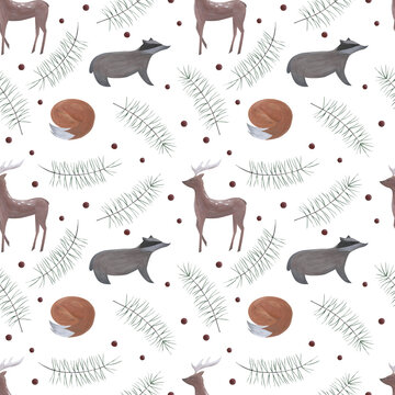 Hand-drawn seamless pattern. Animals from winter forest.
