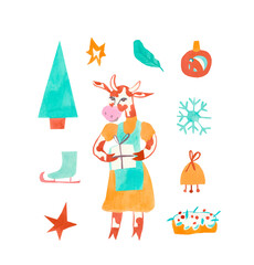 Watercolor set of cute Christmas animals hand drawn in orange, blue colors.Clip art Christmas steers, Christmas tree, food, berries, gifts on a white isolated background. Design for cards, banners.