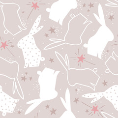 Fototapeta na wymiar Bunnies, stars, hand drawn backdrop. Colorful seamless pattern with animals. Decorative cute wallpaper, good for printing. Overlapping background vector. Design illustration, rabbits