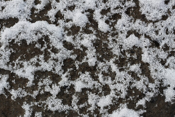 texture of the first snow on the asphalt. close-up