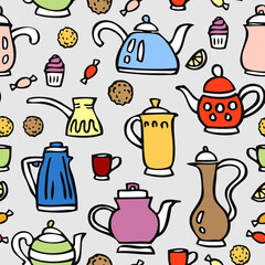 Hot drinks color seamless pattern. Teapot, Coffee, tea print