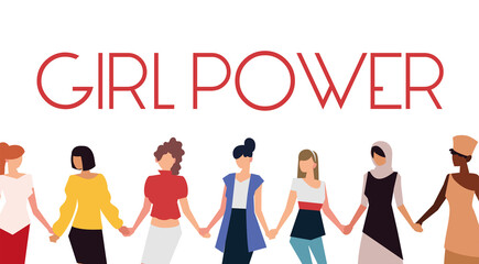 women rights feminist, group holding hands girl power