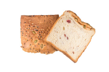 Two sides of two slices of toast bread with some cereals on it on white background with clipping path