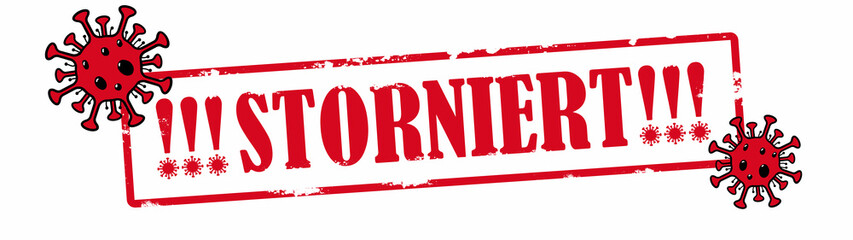 CORONAVIRUS / CORONA - Roter zerkratzen Stempel, mit der Aufschrift: !!!STORNIERT !!!, mit Cartoon Virus, isoliert auf weißem Hintergrund