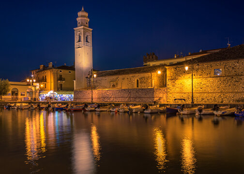 city at night. Night view at Lazise on the shore of Lake Garda
